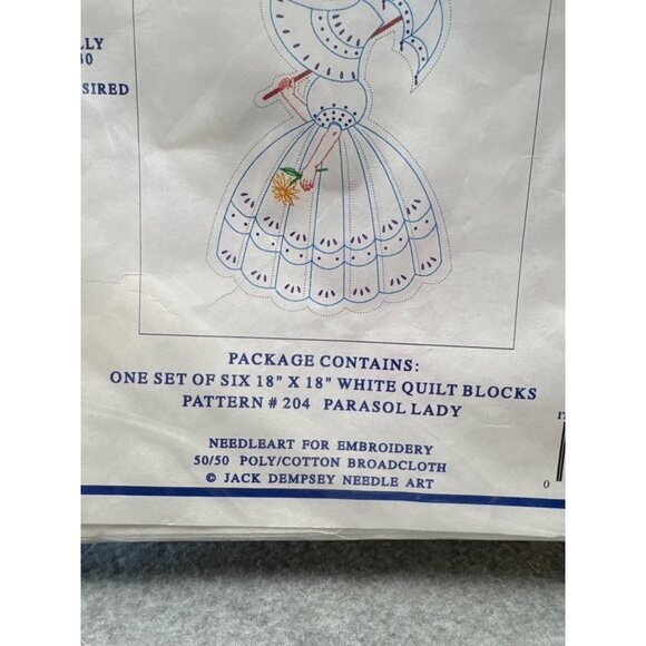 Jack Dempsey Needle Art Parasol Lady Pattern #204 White Quilt Blocks 18"x18" 6 P - Picture 2 of 3